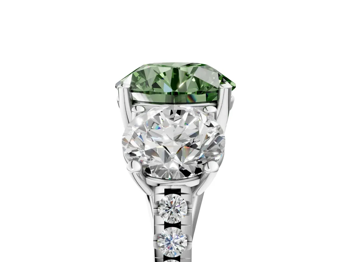 Fancy Green Three-Stone Round Cut Diamond Ring with Round Pavé Band and Prong Setting Silver