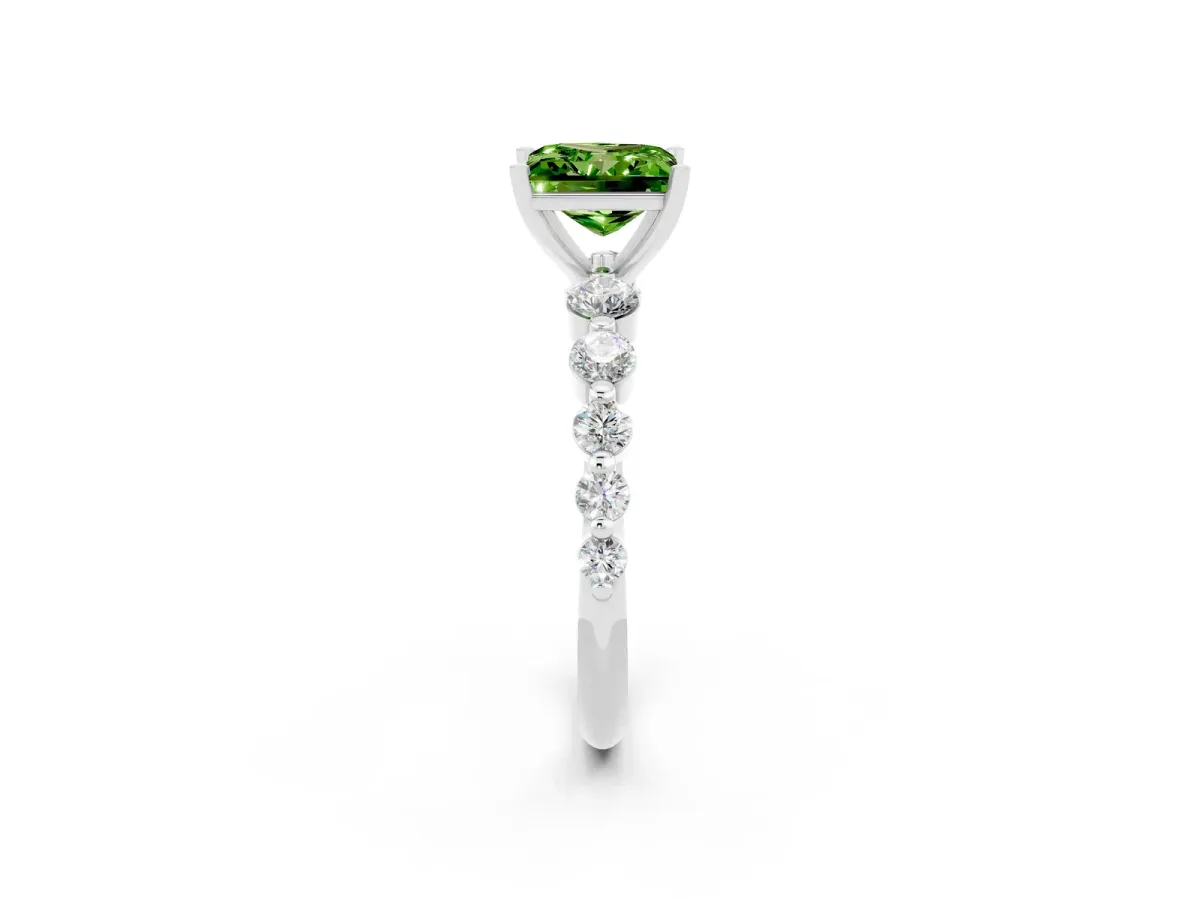 Princess Cut Solitaire Peridot Ring with Pave Band and Four-Prong Setting Platinum