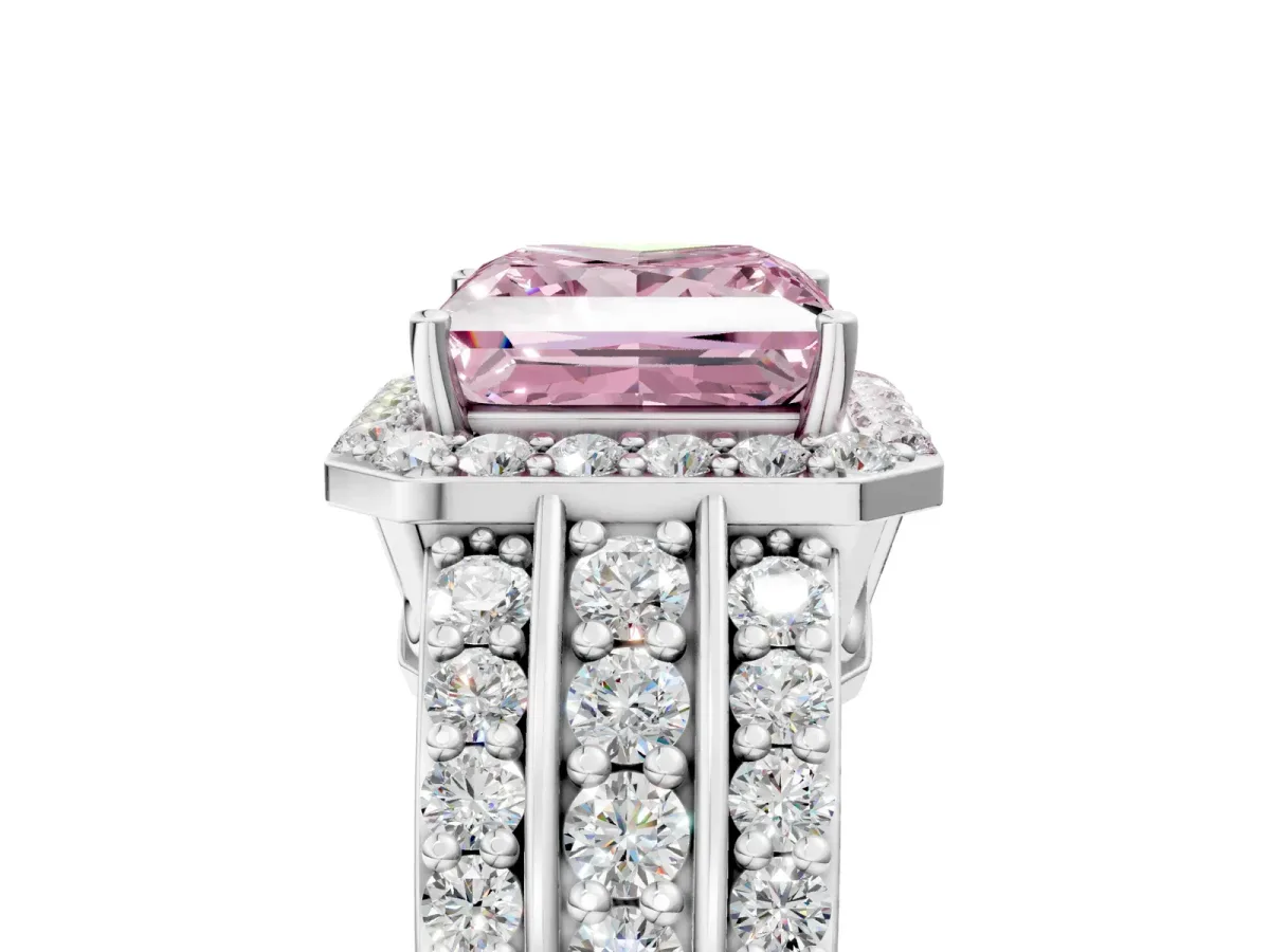 Fancy Pink Princess Cut Halo Diamond Ring with Round Split Shank and Prong Setting Silver