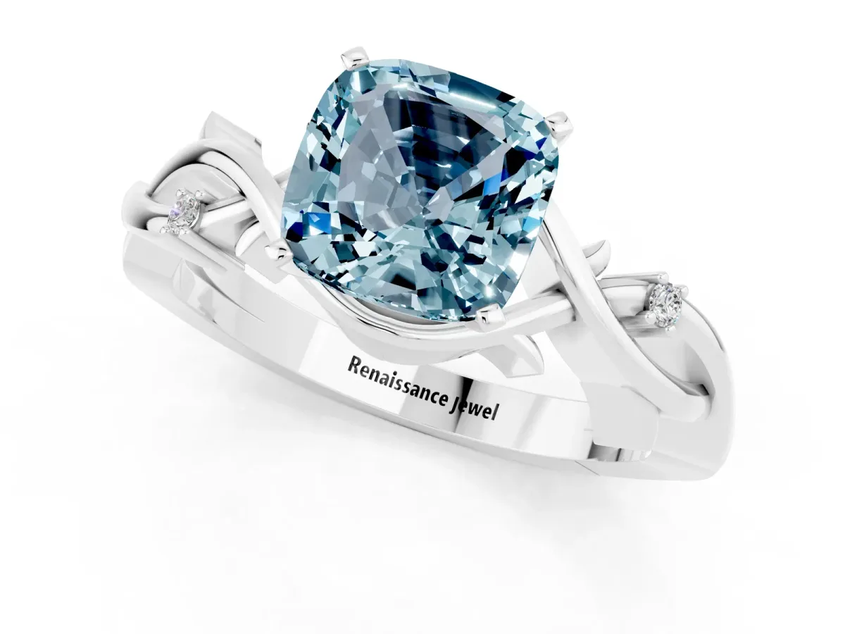 Cushion Cut Aquamarine Solitaire Ring with Twisted Band and Prong Setting Silver