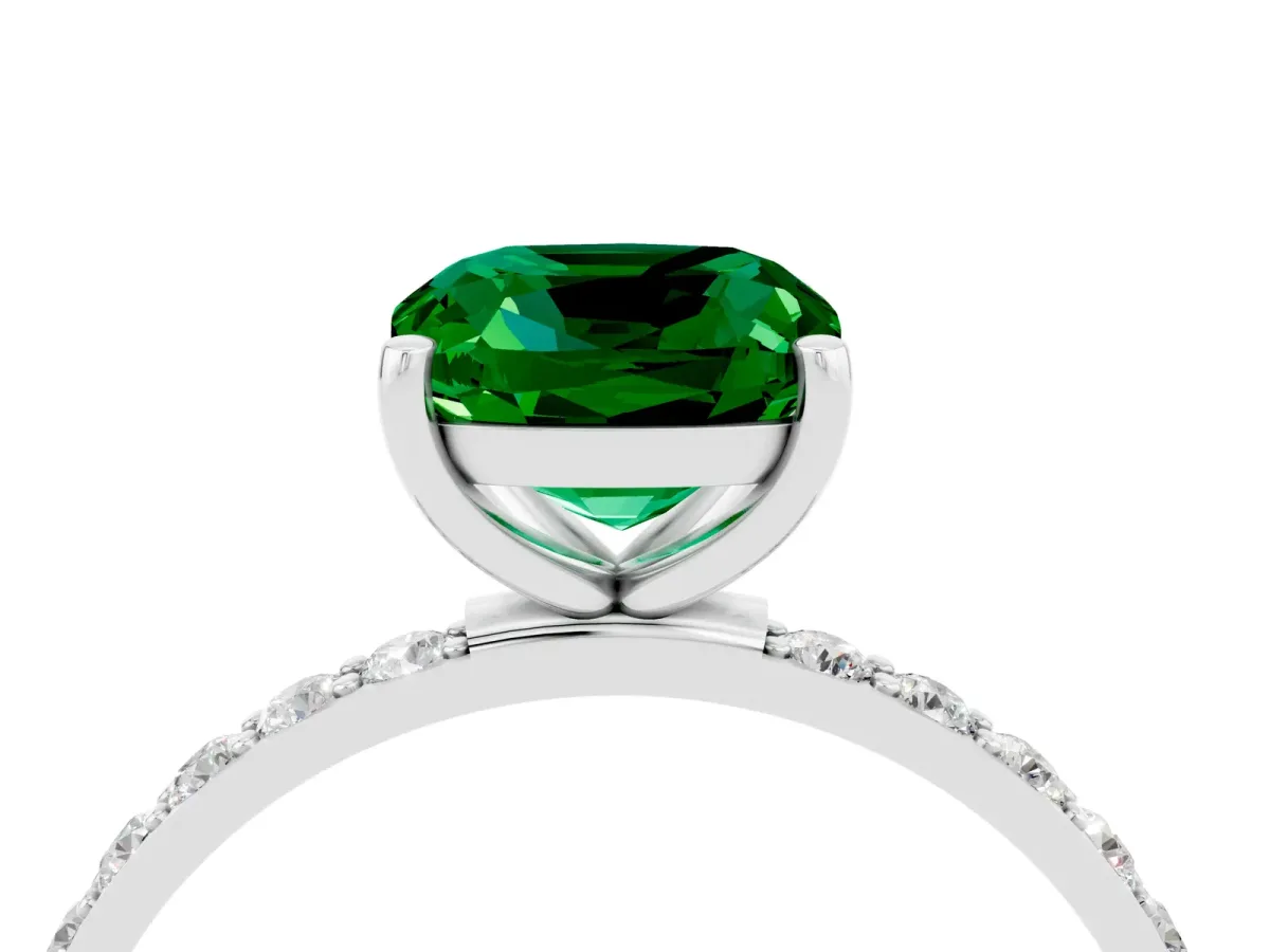 Cushion Cut Emerald Solitaire Ring with Round Pavé Band and Prong Setting Silver