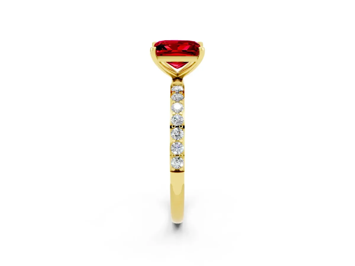 Princess Cut Ruby Solitaire Ring with Round Pavé Band and Prong Setting Yellow gold