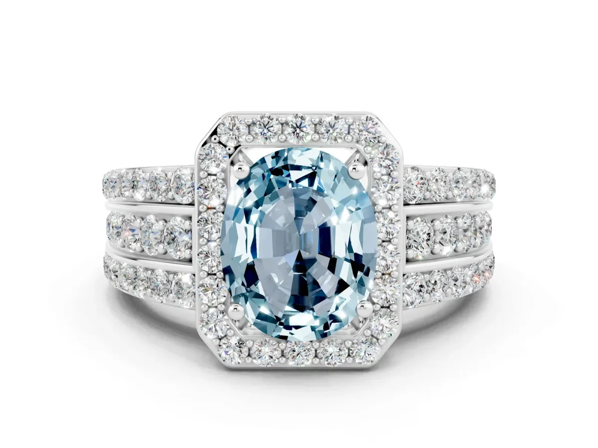 Oval Cut Halo Aquamarine Ring with Round Split Shank and Prong Setting Platinum