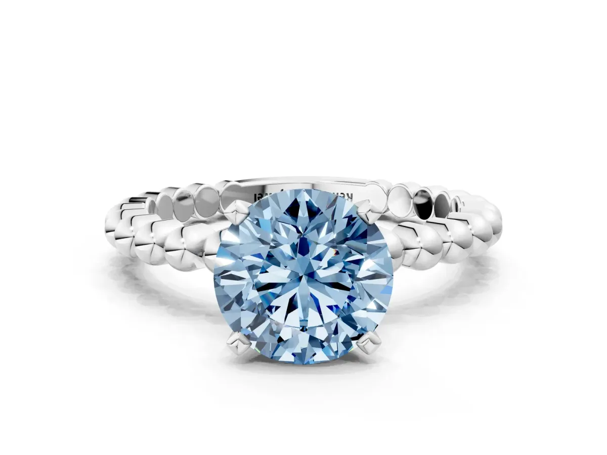 Fancy Blue Round Cut Diamond Solitaire Ring with Beaded Band and Prong Setting Platinum