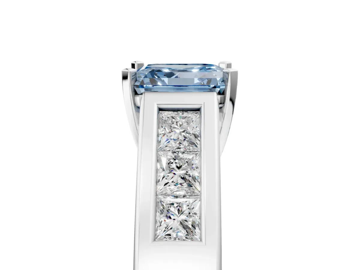 Fancy Blue Asscher Cut Cut Channel Set Solitaire Ring with Four-Prong Setting White gold