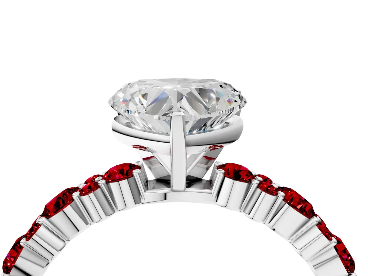 Heart Cut Diamond Side Stone Solitaire Ring with Round Ruby and Four-Prong Setting Silver