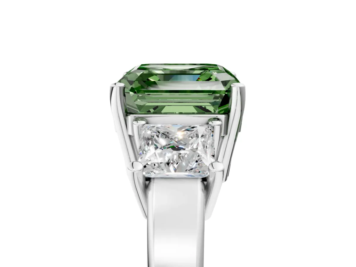 Fancy Green Three-Stone Asscher Cut Cut Solitaire Ring with Prong Setting Platinum