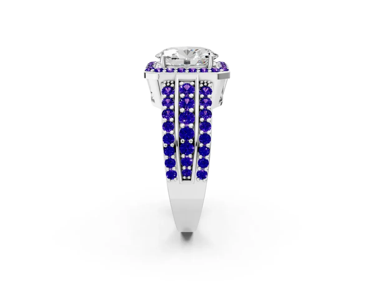 Oval Cut Halo Diamond Ring with Round Tanzanite Split Shank and Prong Setting Platinum