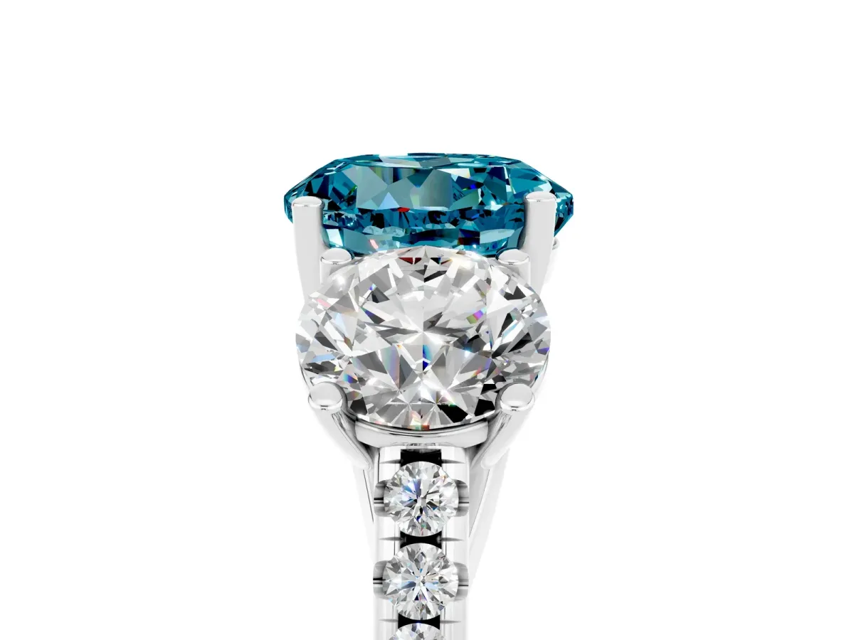Three-Stone Round Cut Blue Topaz Ring with Round Pavé Band and Prong Setting Silver