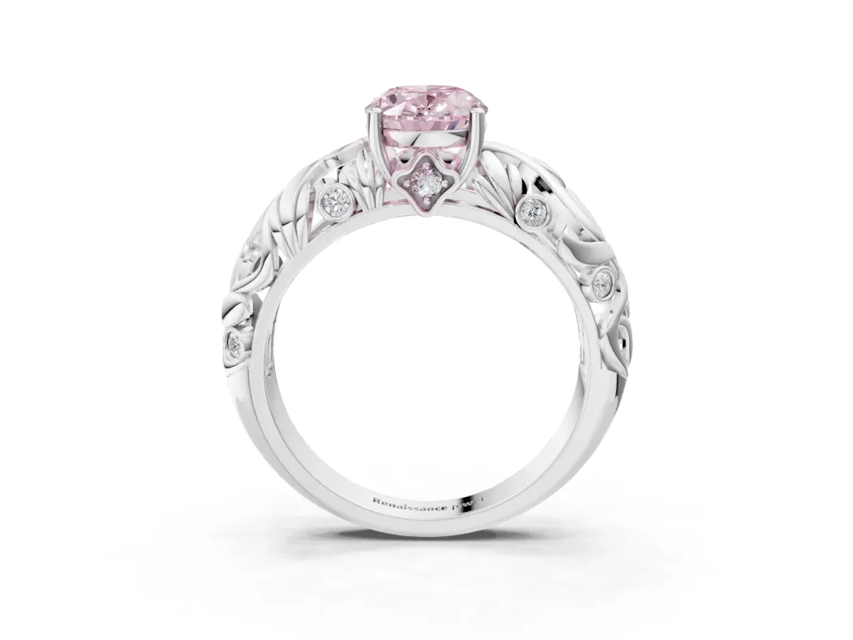Fancy Pink Oval Cut Solitaire Diamond Leaf-Inspired Vine Band Ring with Prong Setting White gold