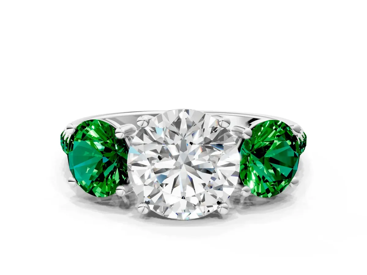 Three-Stone Round Cut Diamond Ring with Round Emerald Pavé Band and Prong Setting White gold