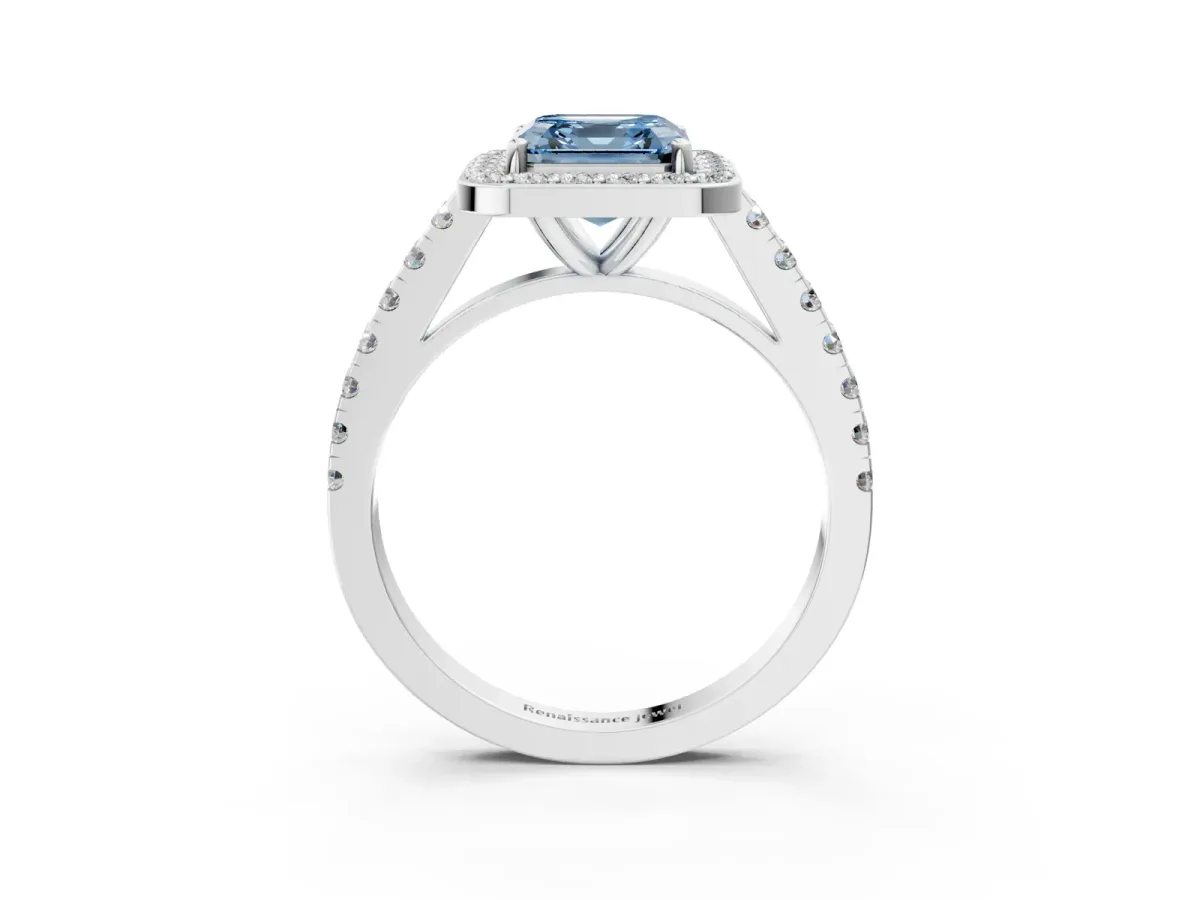 Fancy Blue Asscher Cut Diamond Halo Ring with Round Pavé Split Shank and Prong Setting Platinum