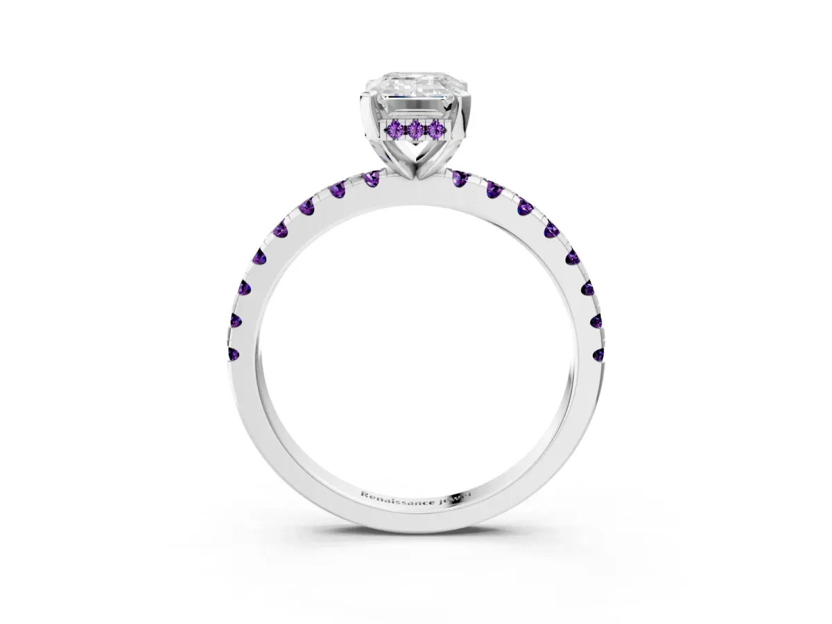 Emerald Cut Diamond Solitaire Ring with Round Amethyst Pavé Band and Four-Prong Setting Silver