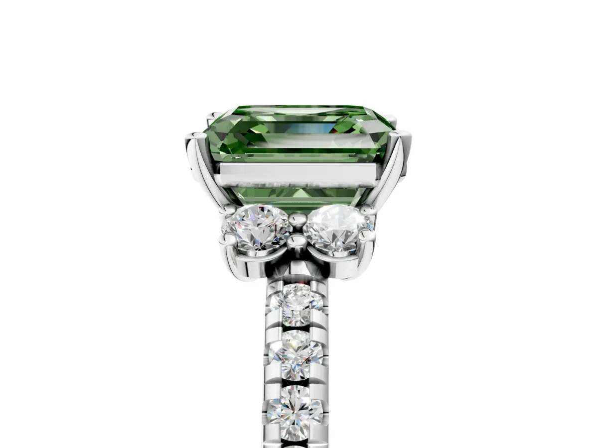Fancy Green Asscher Cut Diamond Three-Stone Pave Band with Four-Prong Setting Platinum