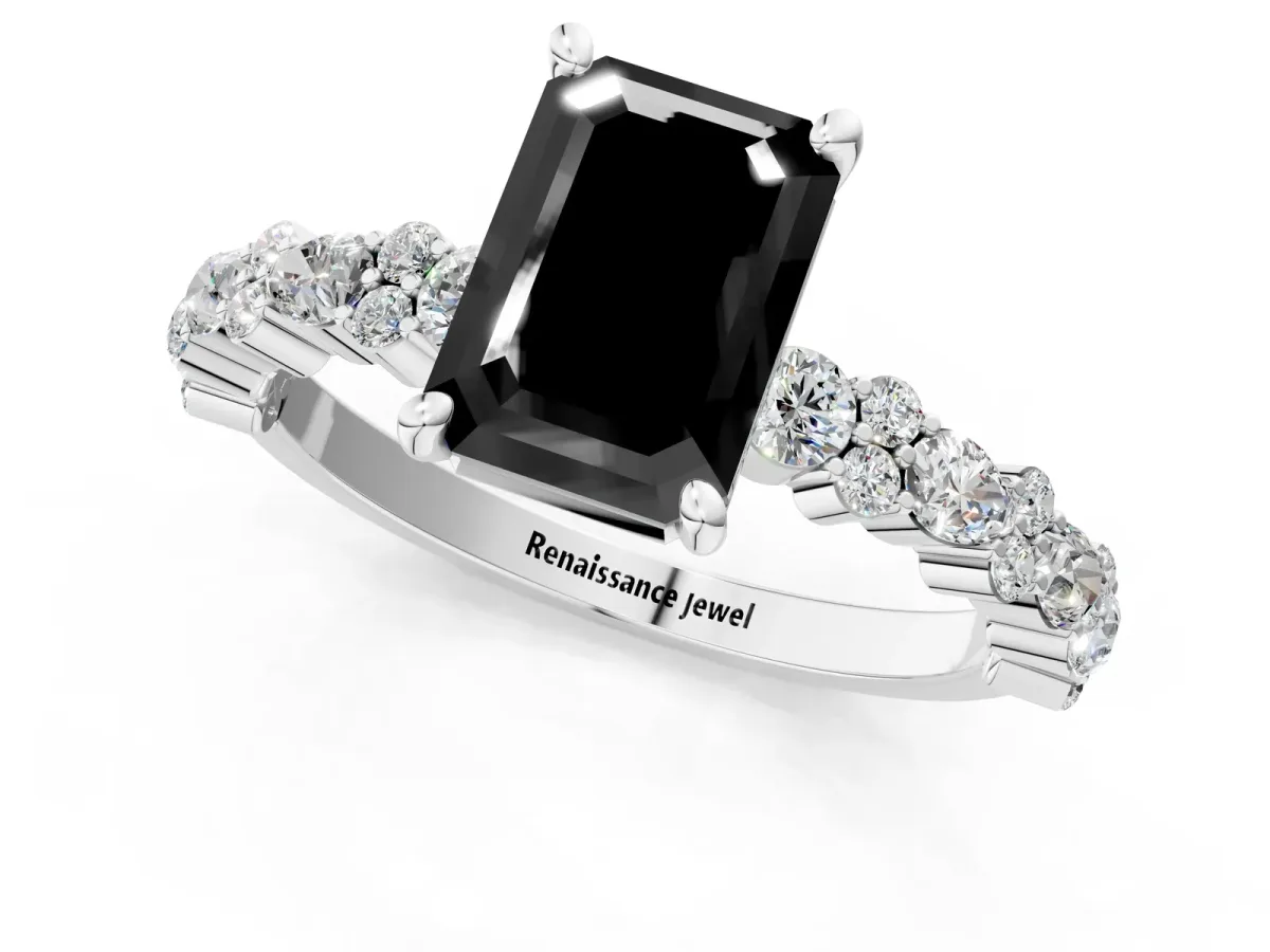 Fancy Black Emerald Cut Diamond Side Stone Solitaire Ring with Round and Four-Prong Setting Platinum