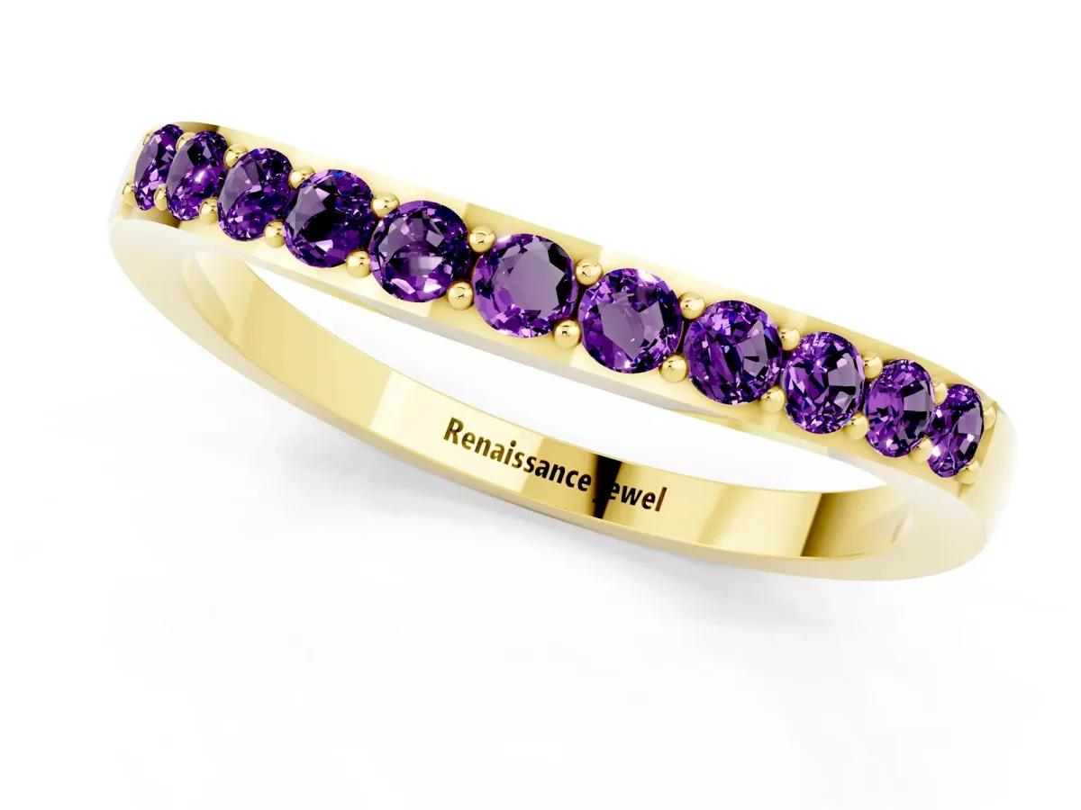 Round Amethyst Curved Wedding Band with Channel Setting Yellow gold