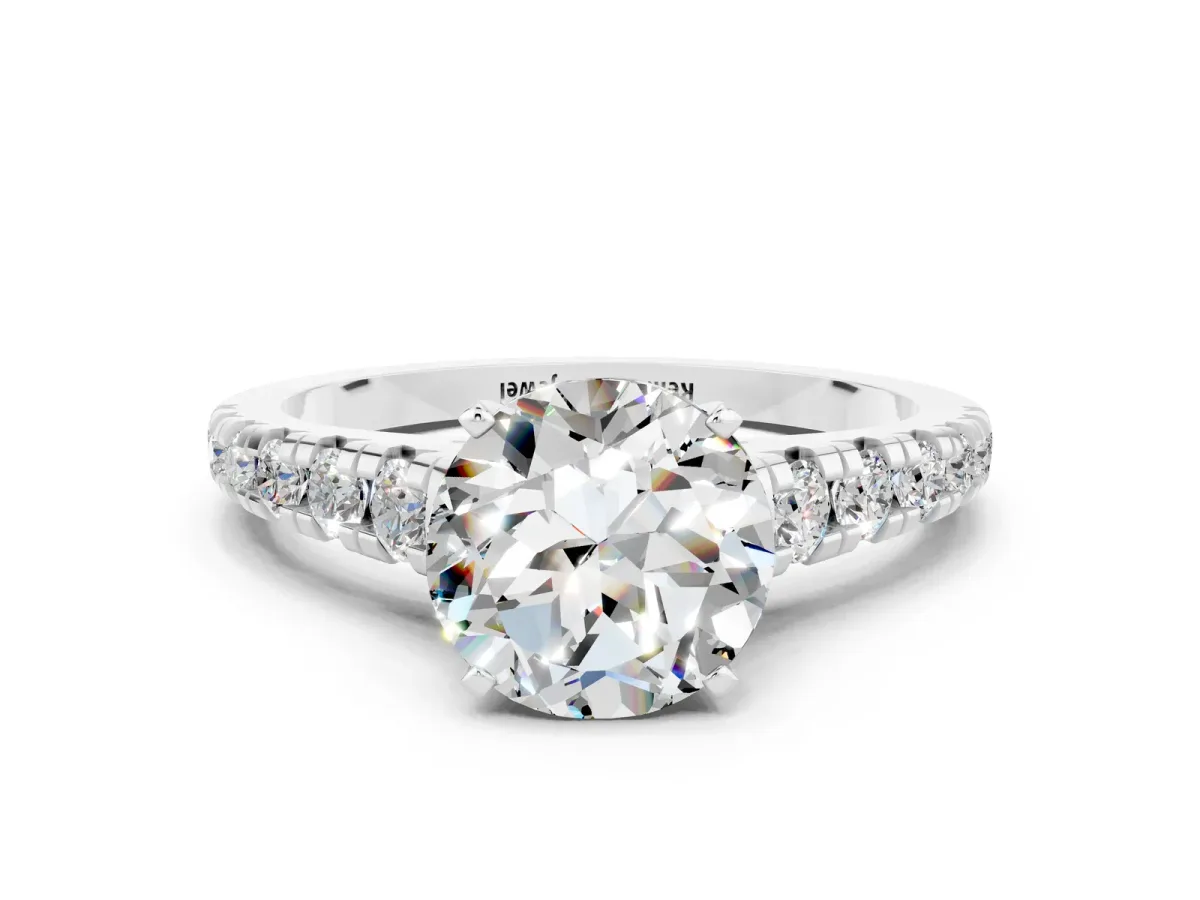 Round Cut Moissanite Cathedral Solitaire Ring with Round Pavé Band Silver