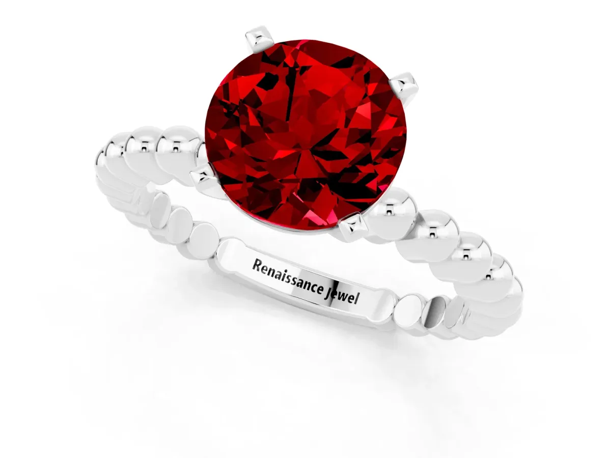 Round Cut Ruby Solitaire Ring with Beaded Band and Prong Setting Silver