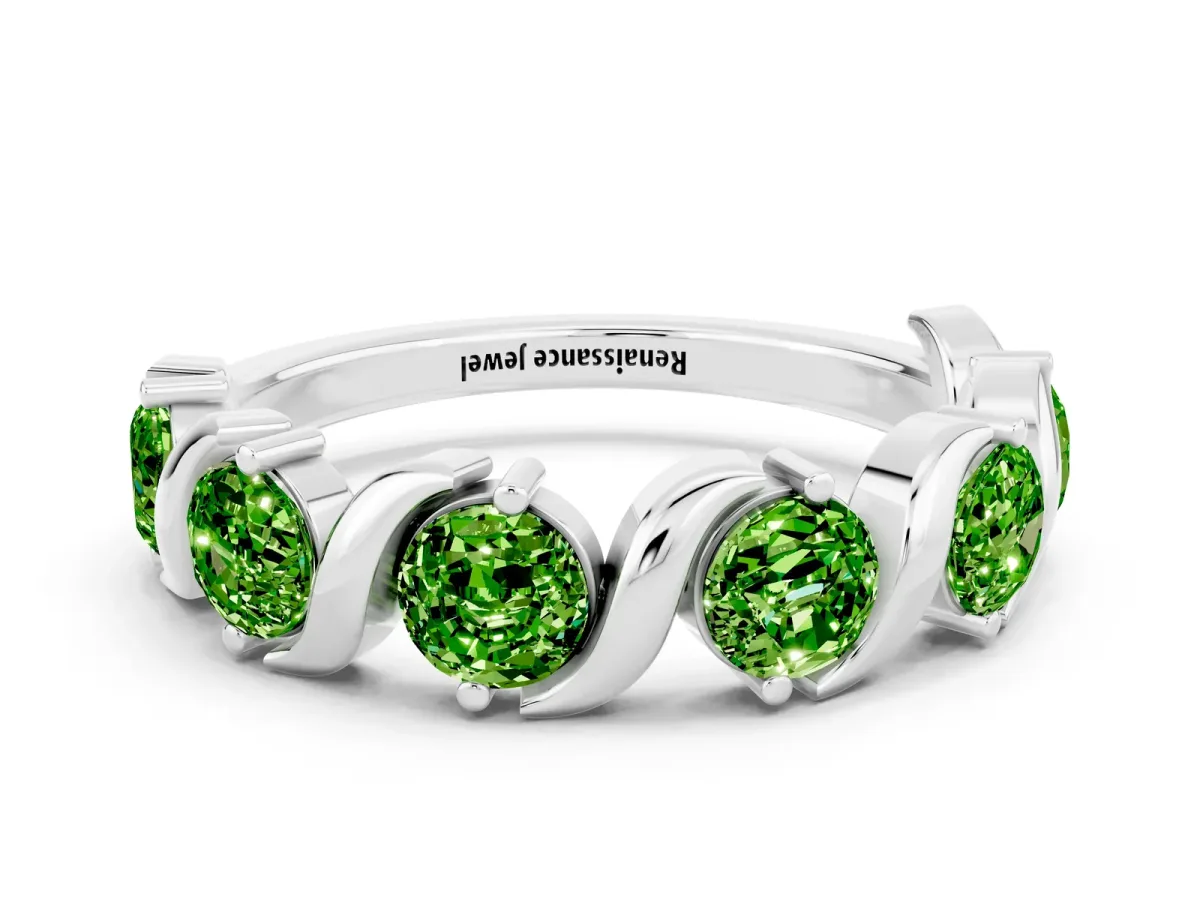 Six-Stone Round Peridot Wave Band with Shared Prong Setting Platinum