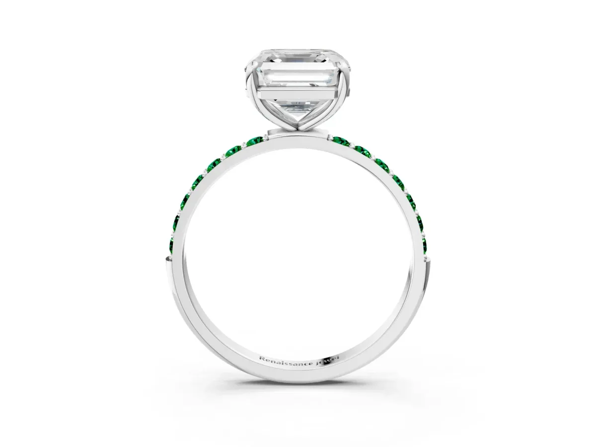 Asscher Cut Diamond Solitaire Ring with Round Emerald Pavé Band and Prong Setting Silver
