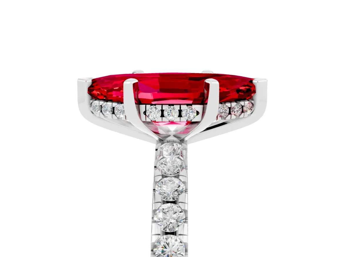 Marquise Cut Ruby Solitaire Ring with Round Pavé Band and Four-Prong Setting Silver