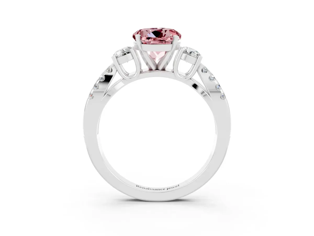 Round Cut Morganite Three-Stone Ring with Pavé Split Shank and Four-Prong Setting Silver
