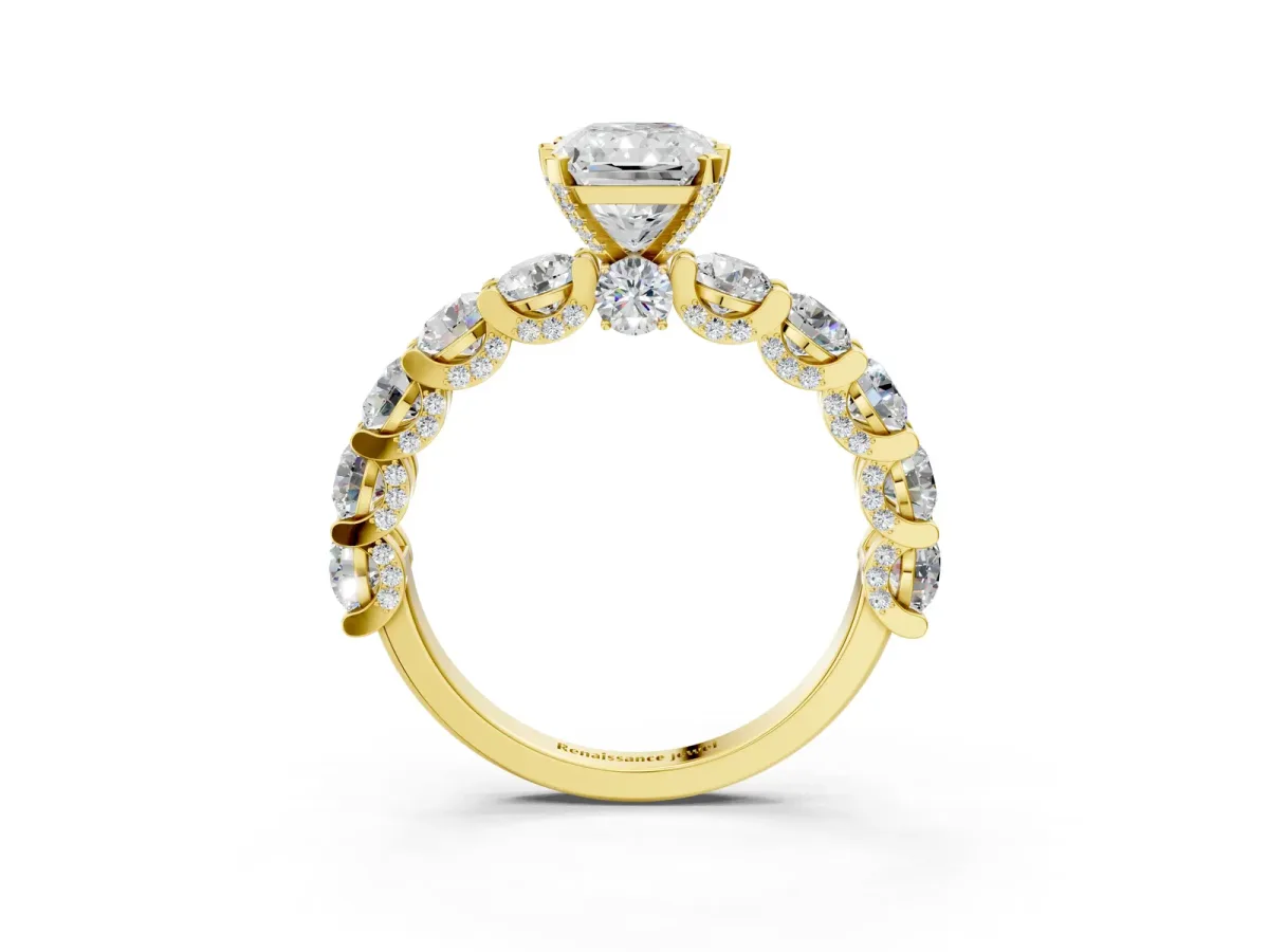 Radiant Cut Diamond Side Stone Engagement Ring with Four-Prong Setting Yellow gold