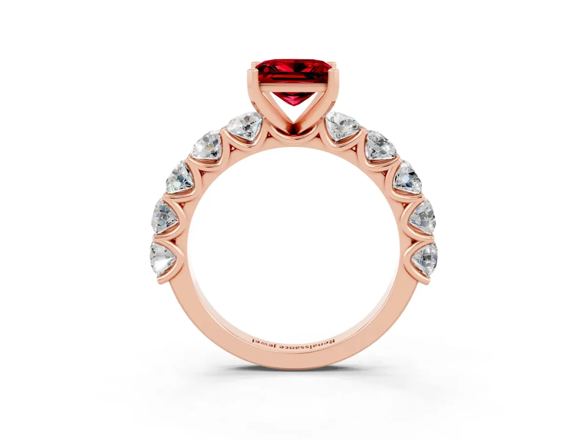 Princess Cut Ruby Prong Setting with Side Stones on a Pave Band Rose gold