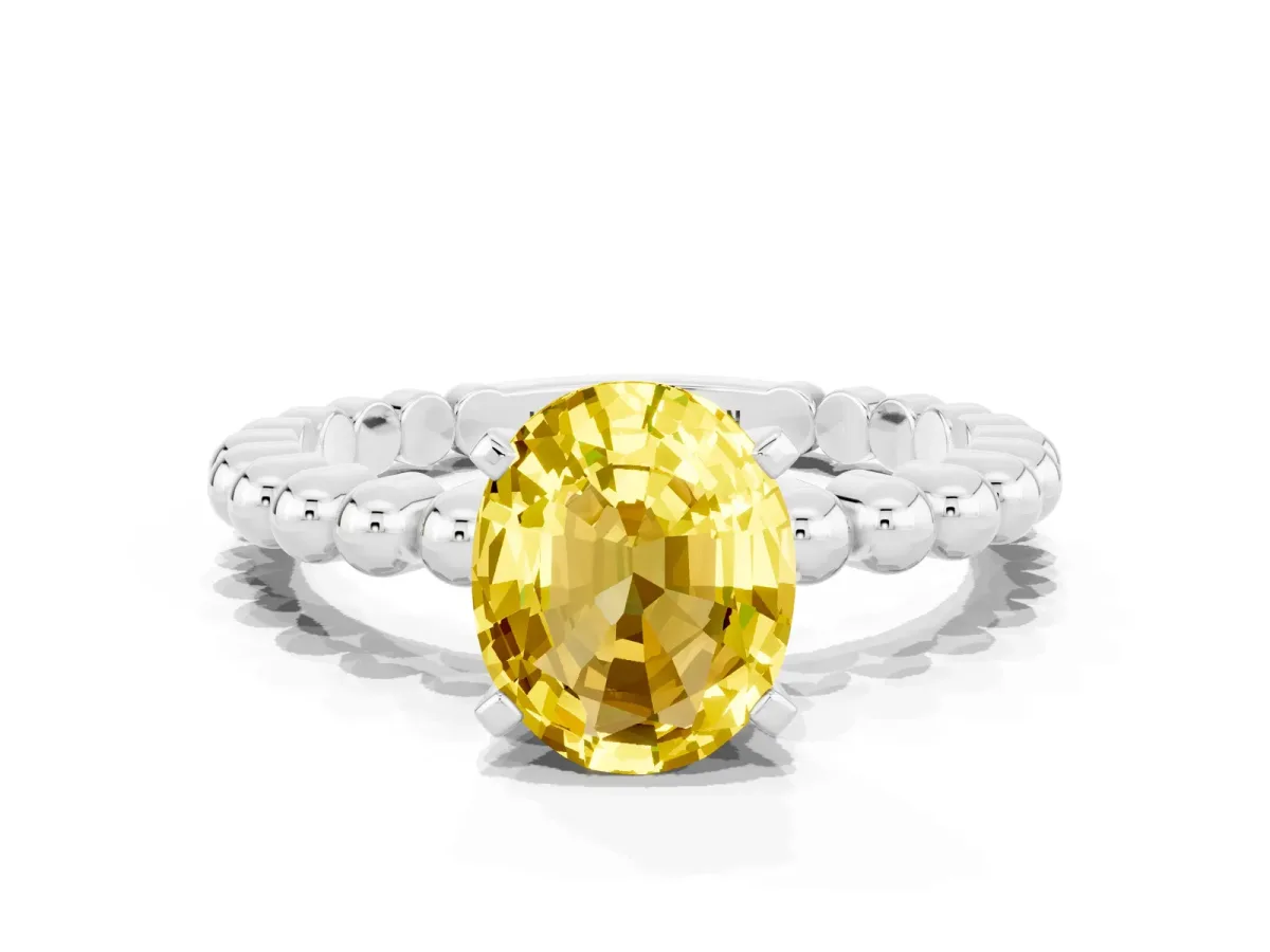 Oval Cut Yellow Sapphire Solitaire Ring with Beaded Band and Prong Setting Platinum