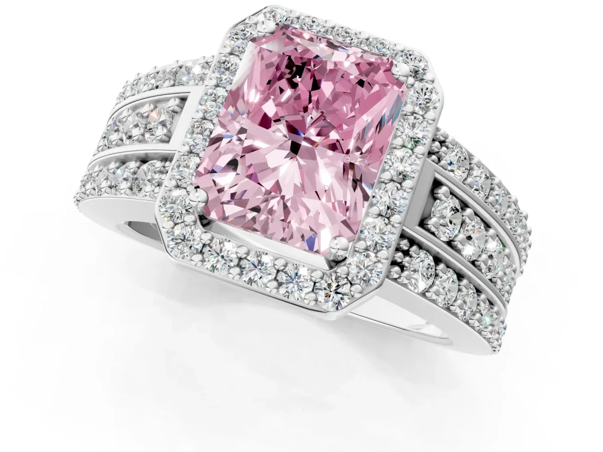 Fancy Pink Radiant Cut Halo Diamond Ring with Round Split Shank and Prong Setting Silver