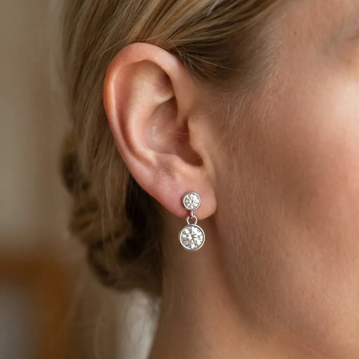 Bezel-Set Round Cut Drop Earrings with Post Back Silver