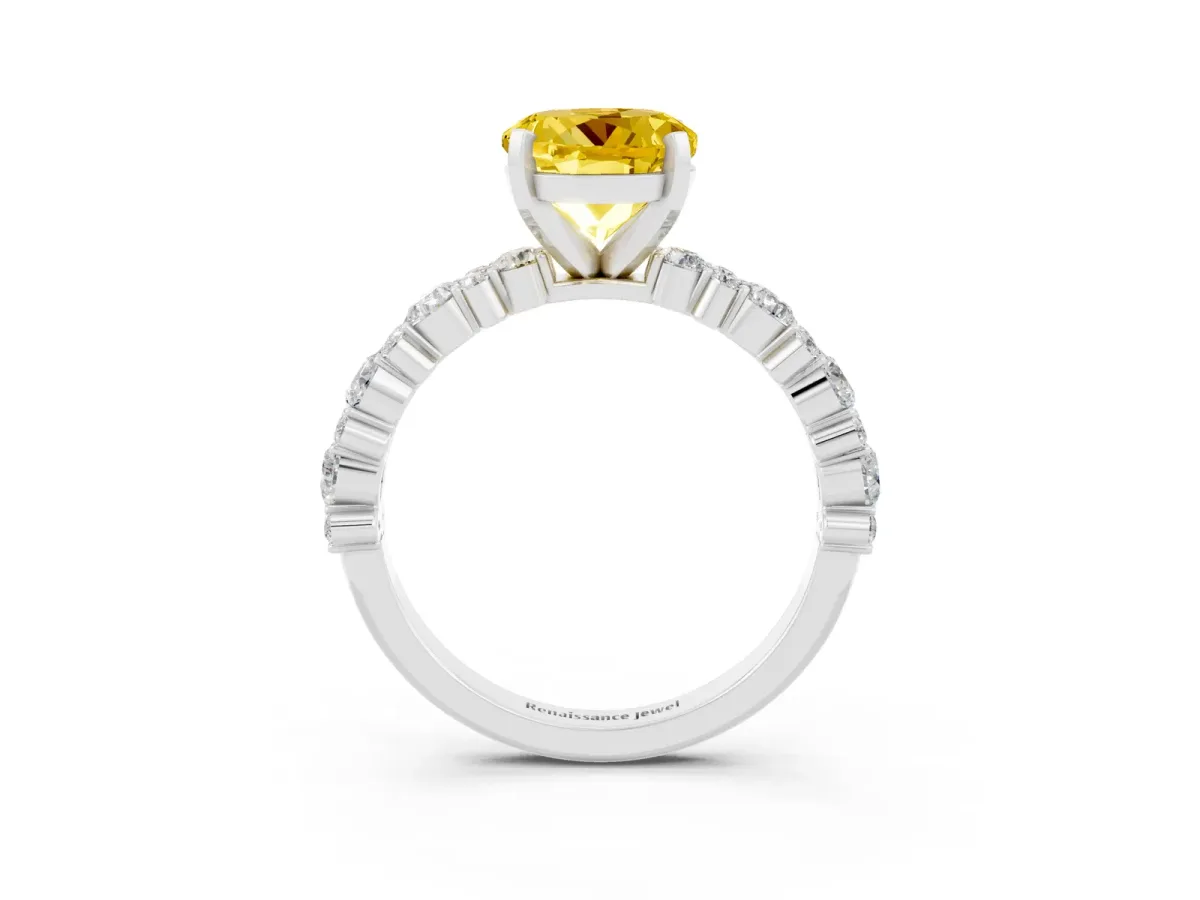 Round Cut Yellow Sapphire Side Stone Solitaire Ring with Round and Four-Prong Setting Silver