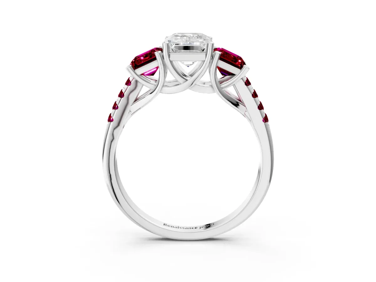 Three-Stone Emerald Cut Diamond Ring with Round Garnet Pavé Band and Prong Setting Platinum