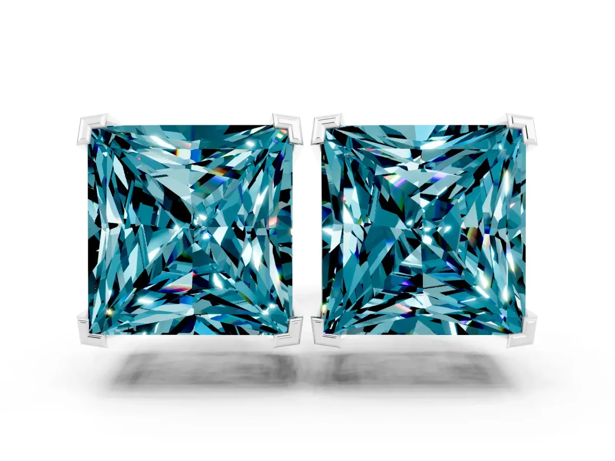 Princess Cut Blue Topaz Stud Earrings White gold