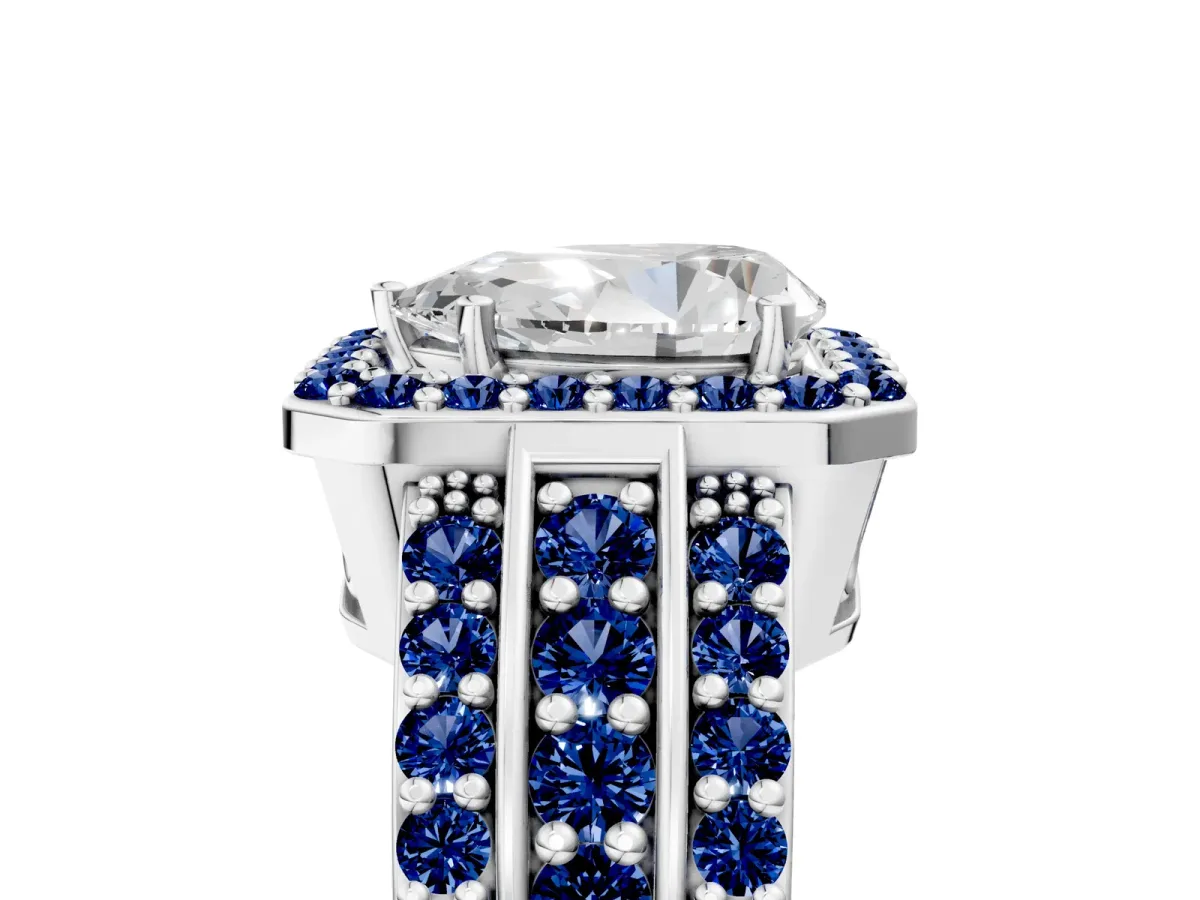 Pear Cut Halo Diamond Ring with Round Blue Sapphire Split Shank and Prong Setting Platinum