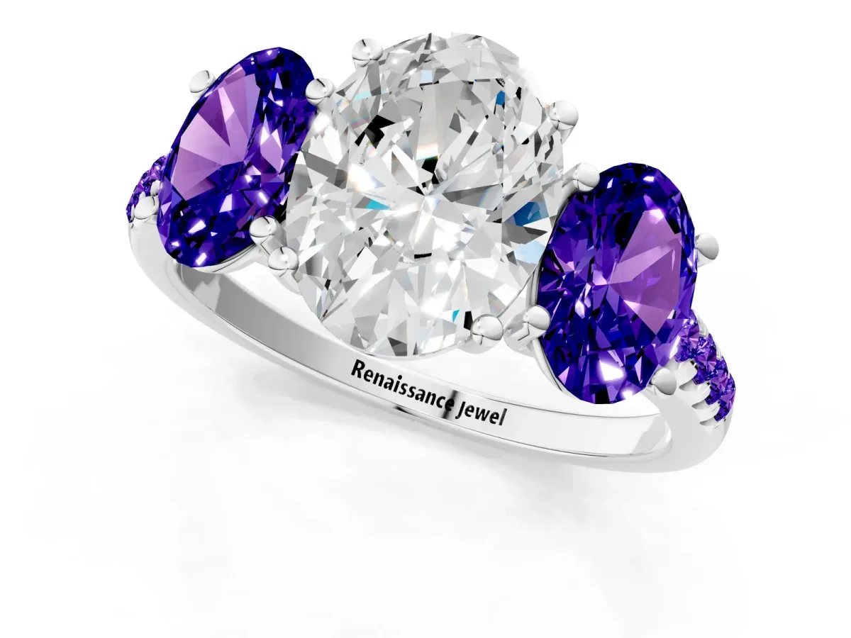 Three-Stone Oval Cut Diamond Ring with Round Tanzanite Pavé Band and Prong Setting Silver