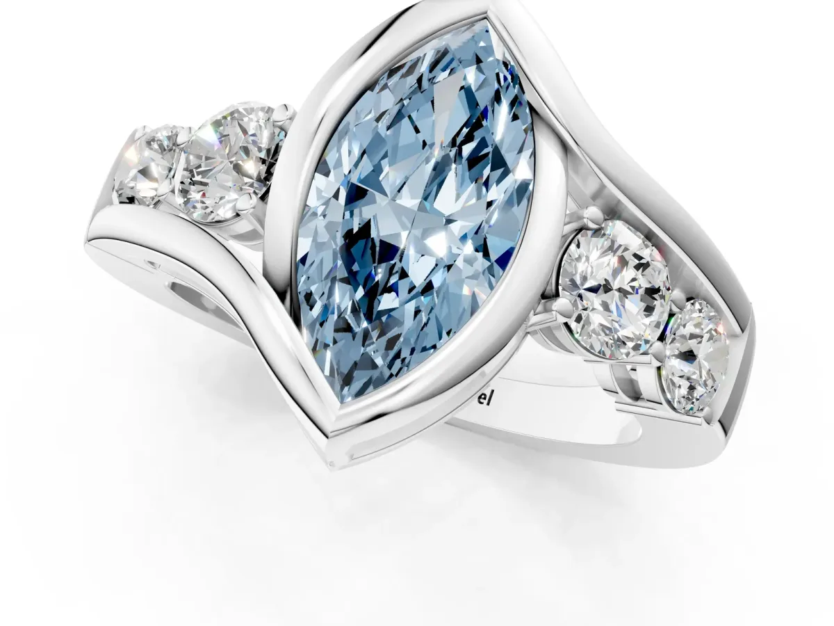 Fancy Blue Bezel Set Marquise Cut Diamond Bypass Ring with Round Accents Silver
