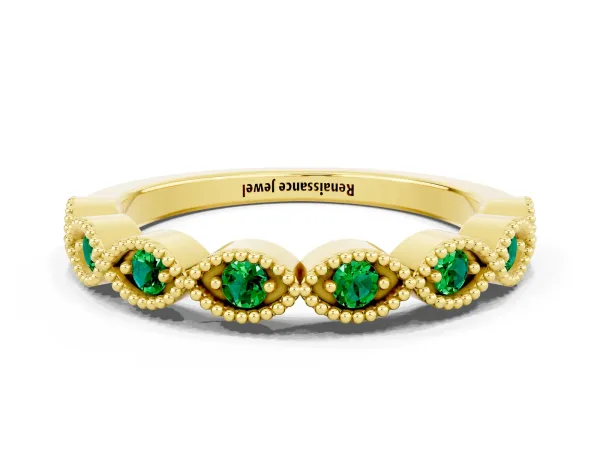 Milgrain Marquise Emerald Half Eternity Band with Bezel Setting Yellow gold