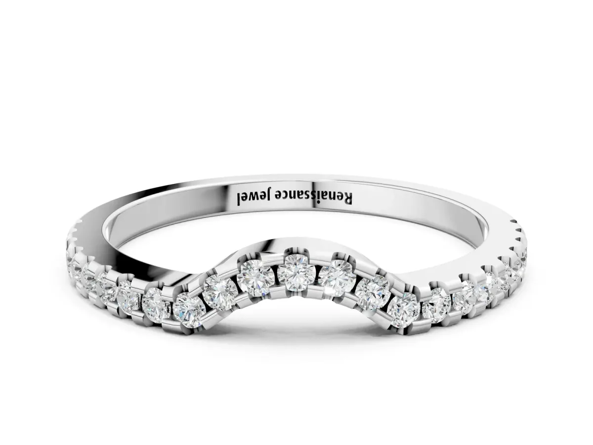 Pavé Round Diamond Curved Wedding Band with Shared Prong Setting White gold
