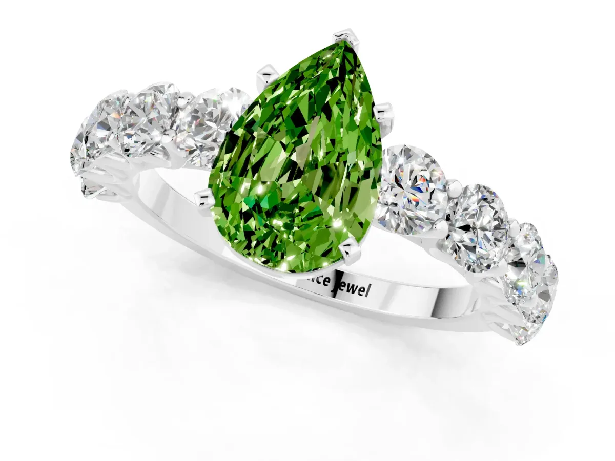 Pear Cut Peridot Prong Setting with Side Stones on a Pave Band White gold