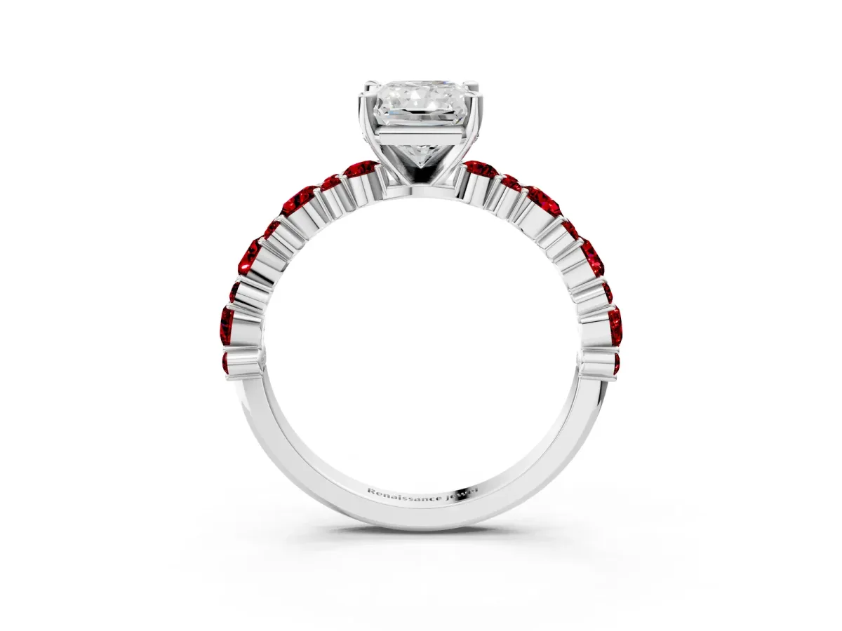 Radiant Cut Diamond Side Stone Solitaire Ring with Round Ruby and Four-Prong Setting Platinum