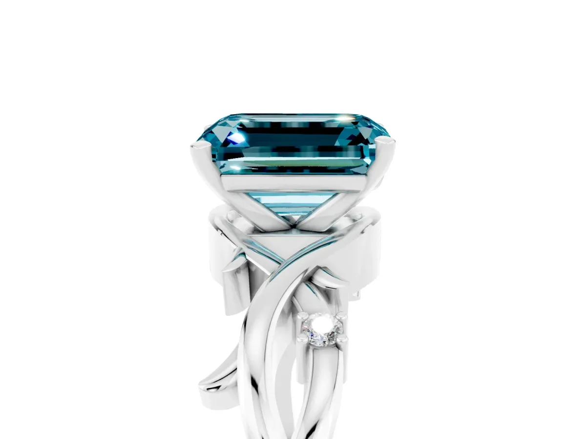 Emerald Cut Blue Topaz Solitaire Ring with Twisted Band and Prong Setting Silver