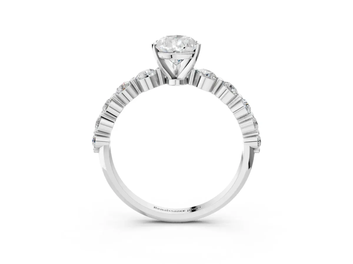 Pear Cut Solitaire Diamond Ring with Pave Band and Four-Prong Setting Silver