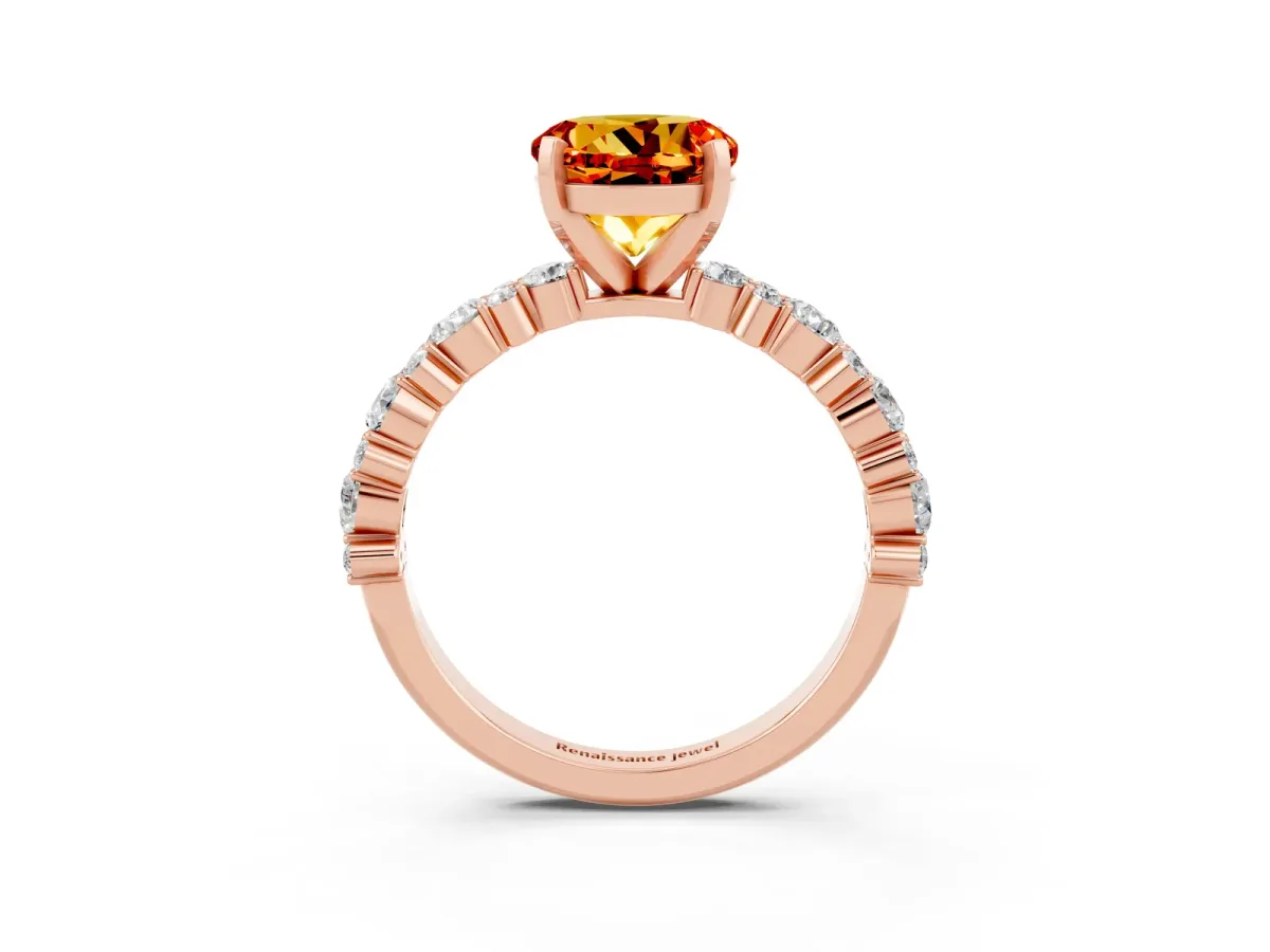 Round Cut Citrine Side Stone Solitaire Ring with Round and Four-Prong Setting Rose gold