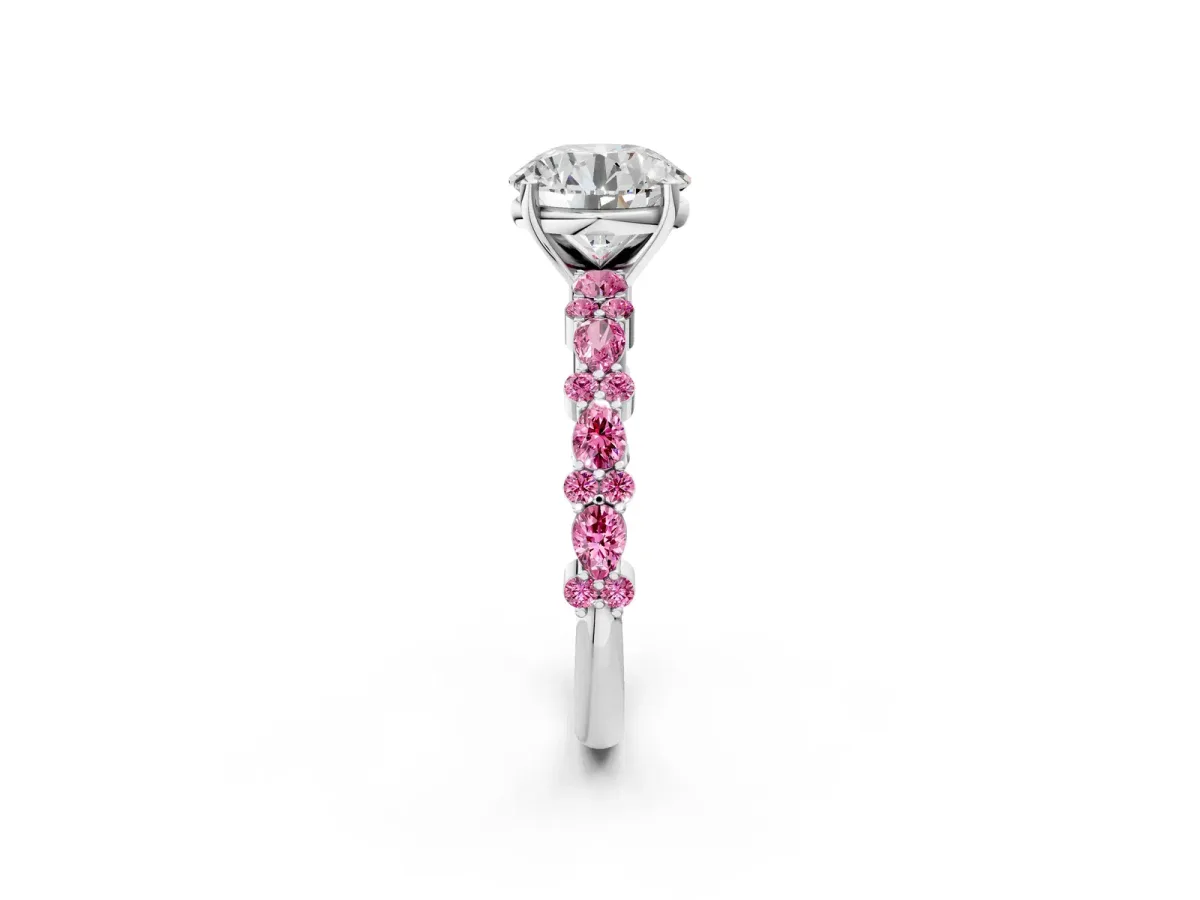 Round Cut Diamond Side Stone Solitaire Ring with Round Pink Sapphire and Four-Prong Setting Silver