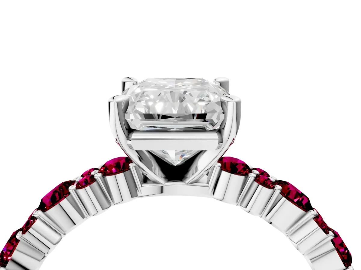 Radiant Cut Diamond Side Stone Solitaire Ring with Round Garnet and Four-Prong Setting Platinum