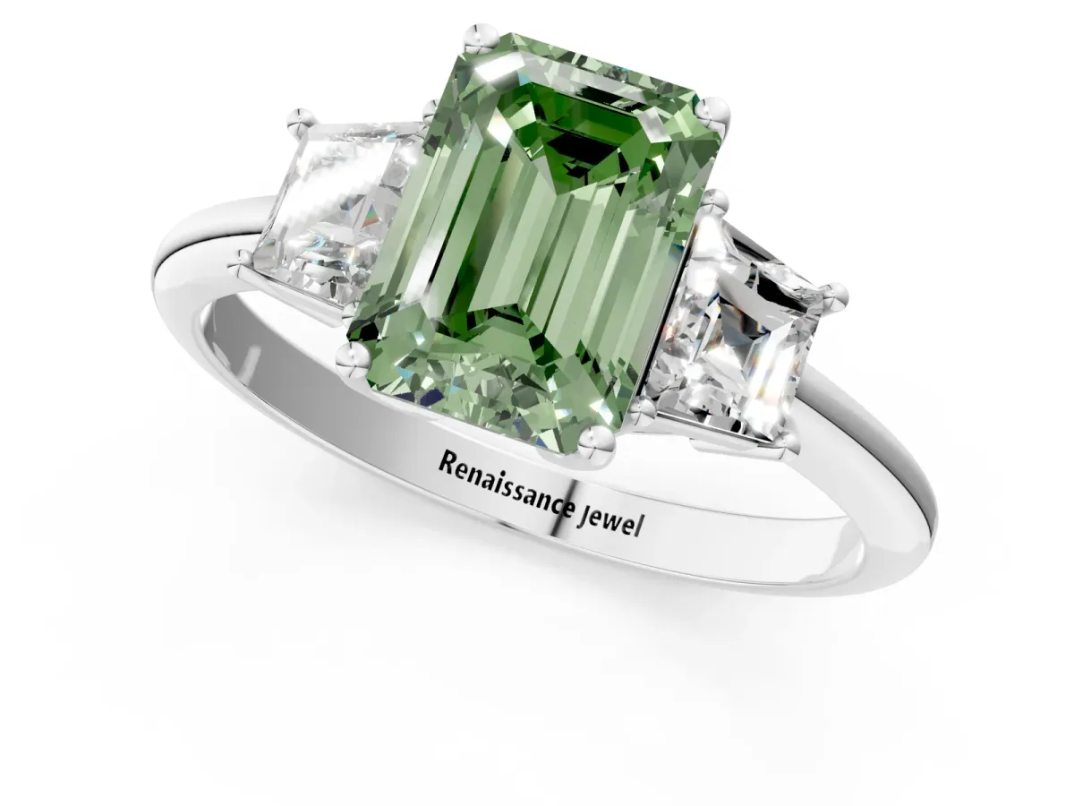 Fancy Green Emerald Cut Diamond Three-Stone Ring with Trapezoid Side Stones and Prong Setting Silver