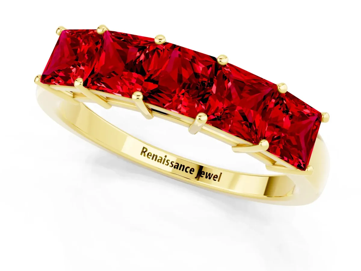 Princess Cut Five-Stone Ruby Band with Prong Setting Yellow gold