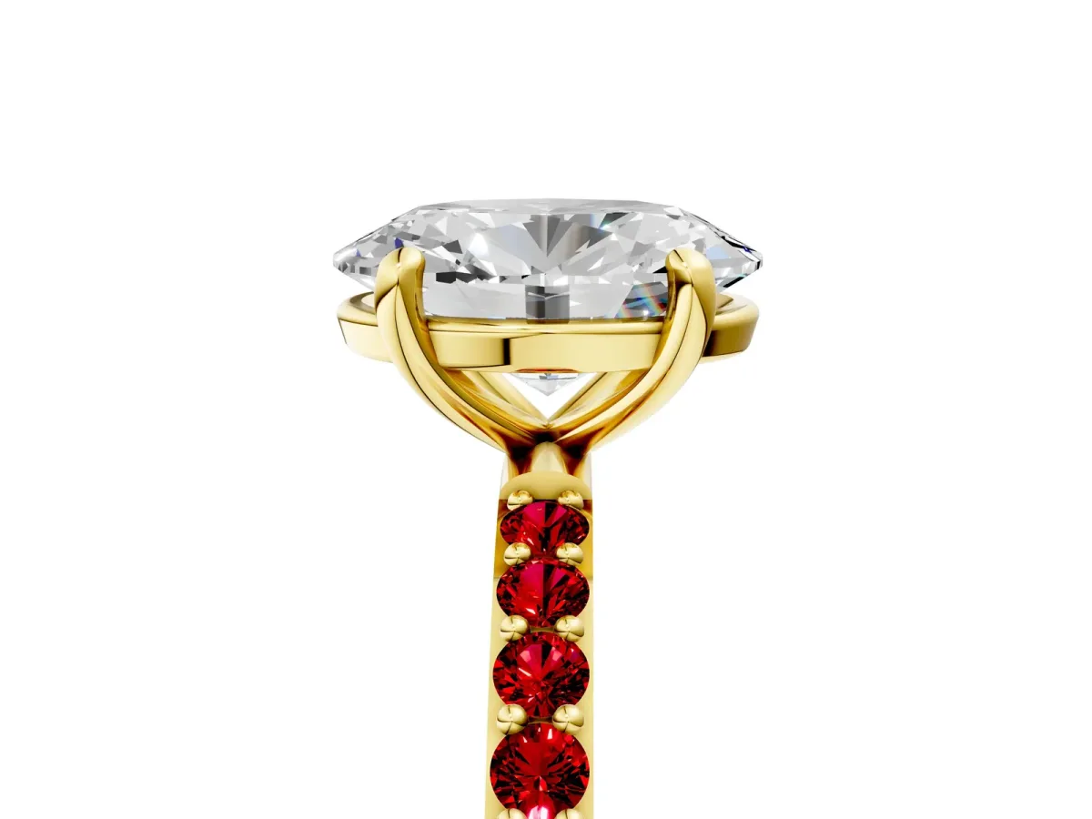 Oval Cut Diamond Solitaire Ring with Round Ruby Pavé Band and Prong Setting Yellow gold
