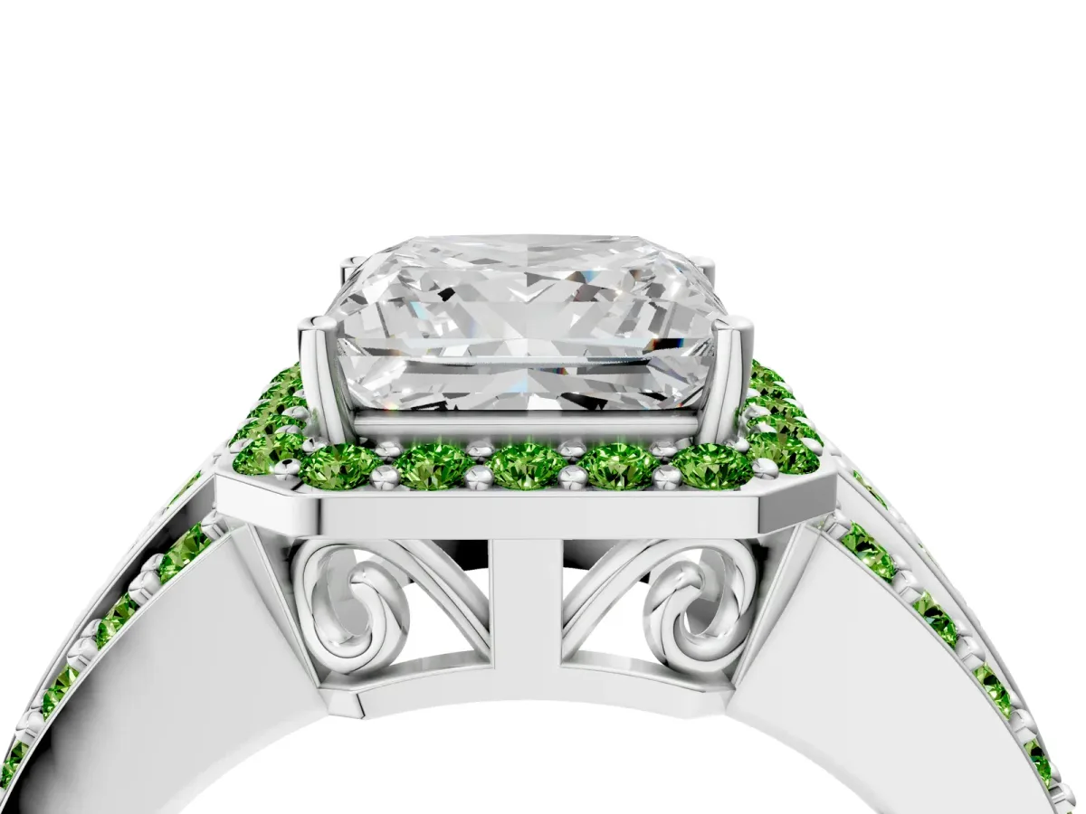 Princess Cut Halo Diamond Ring with Round Peridot Split Shank and Prong Setting Silver